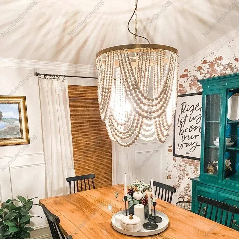 Винтажная деревенская люстра из деревянных бусин светодиодная круглая