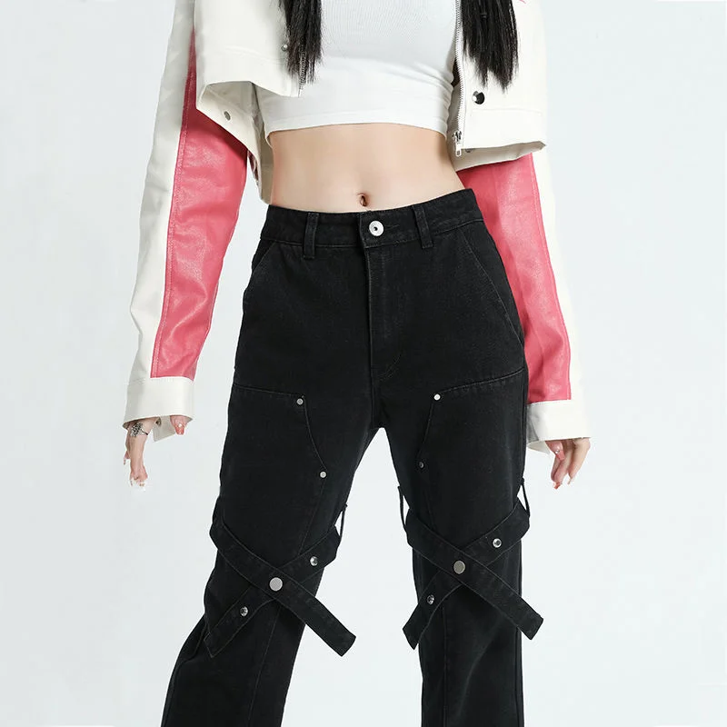 American High Street Jeans Women 2023 Spring And Autumn Cross Design Sense Micro Horn Straight Tube