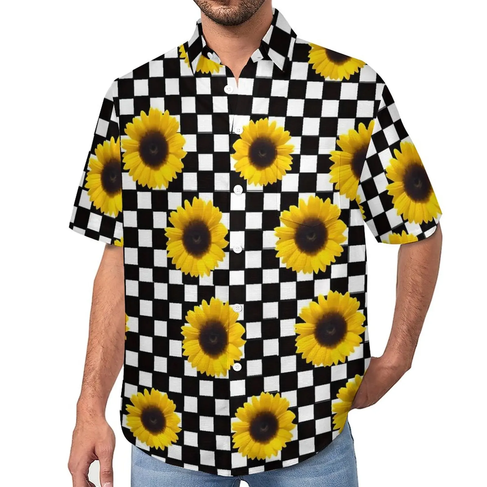 

Sunflower Blouses Male Black And White Check Casual Shirts Hawaiian Short-Sleeved Pattern Street Style Oversized Beach Shirt