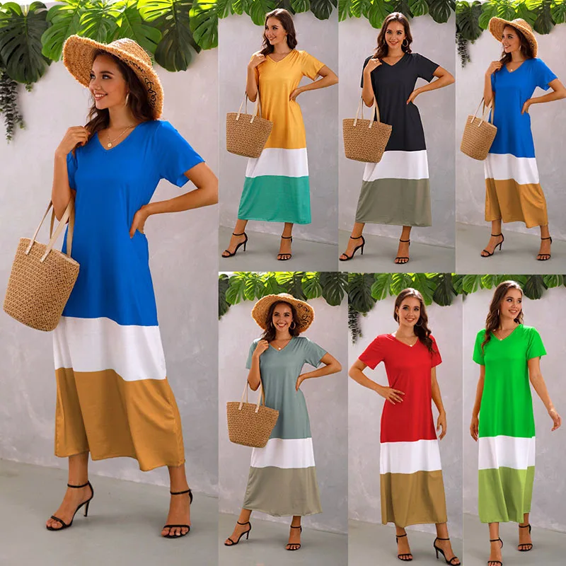 

Summer Fashion Color Matching V Neck Women's Beach Maxi Dress 2022 Casual Loose Short Sleeve Ladies Holiday Long Dress Vestidos