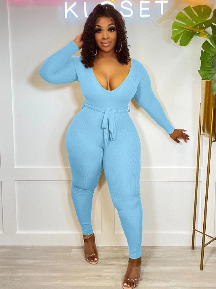 Sexy Deep V Neck Long Sleeve One Piece Overall Simple Body-shaping Fitness Outfits Autumn Winter Stretchy Ribbed Skinny Jumpsuit