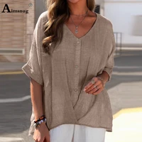 women latest summer casual linen shirt loose blouse half sleeve button fly top ladies tunic blusas femme clothing size s 5xl