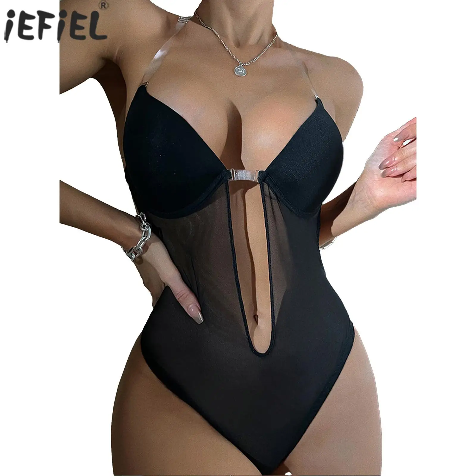 

Womens Sexy Underwired Cups Backless Transparent Straps Body Shaper Shapewear See-Through Mesh Sleeveless Bodysuit Sleepwear