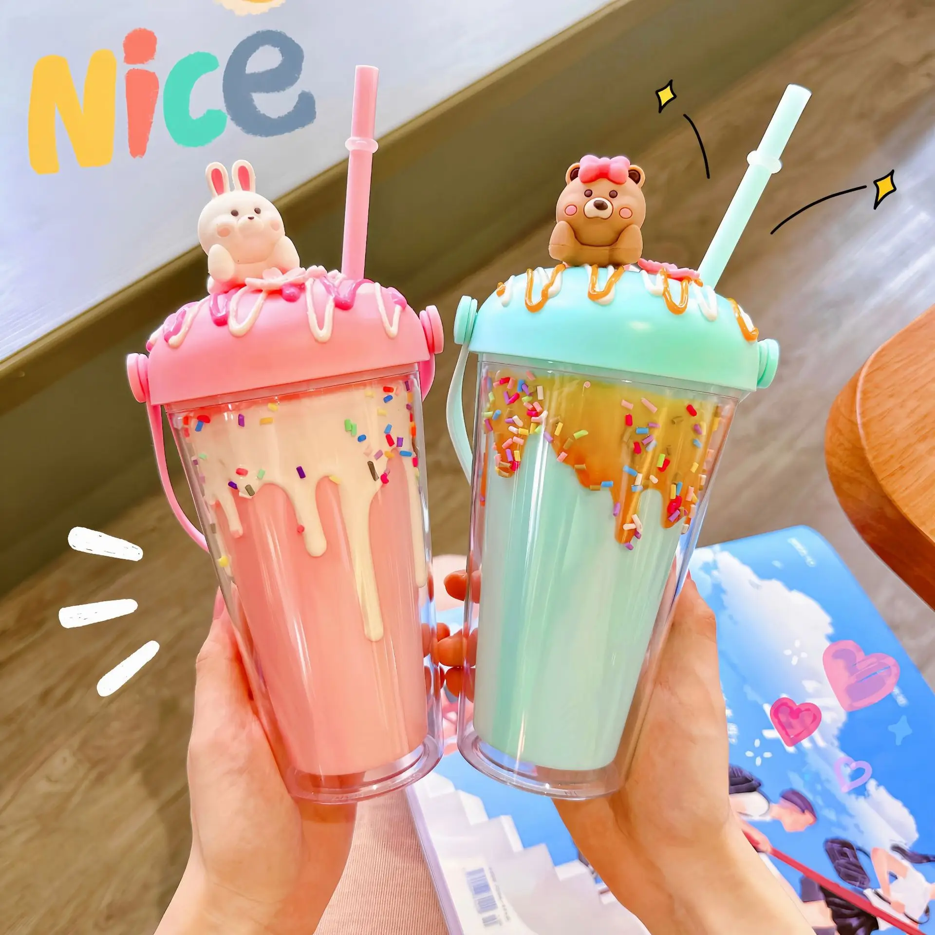 

Cute Portable Water Glass With Straw Drink Cup Creative Ice Cream Water Cup Portable Popsicle Cup Couple Girl Birthday Gifts