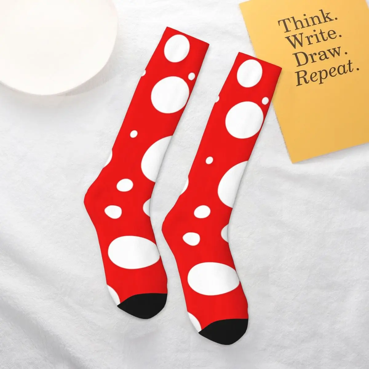 

Red White Polka Dot Socks Kusama Yayoi Inspired Unisex Casual Mid Stockings Large Chemical Fiber Elastic Training Socks