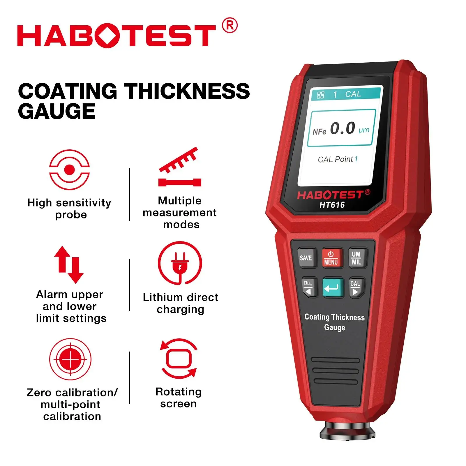 Фото Цифровой измеритель толщины покрытия HABOTEST HT616, перезаряжаемый, для измерения толщины автомобильных покрытий, пленок и краски №2
