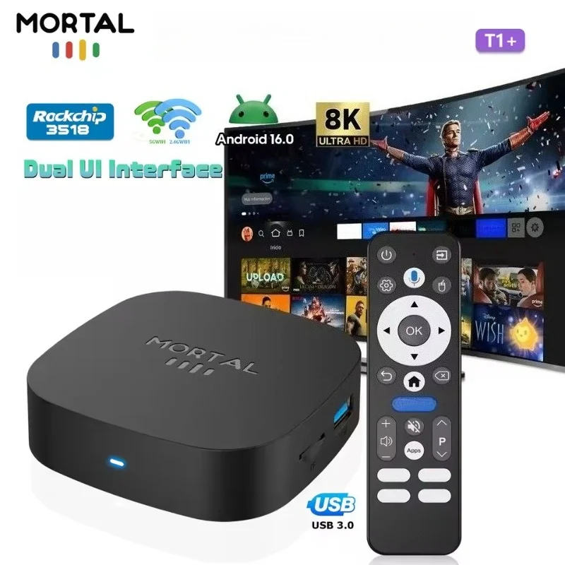 Фото Смарт-ТВ-приставка 2026 T1+ на Android 16 с Rockchip RK3518, Wi-Fi 6, Bluetooth 5.4, интерфейсом UI, поддержкой 8K HD, медиаплеером, голосовым помощником и функцией IPTV №1