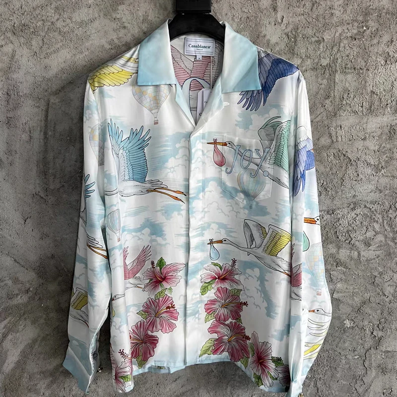 

23ss CASABLANCA Silk Cloud Crane Print Shirt Beach Couple Loose Long Sleeve Shirt
