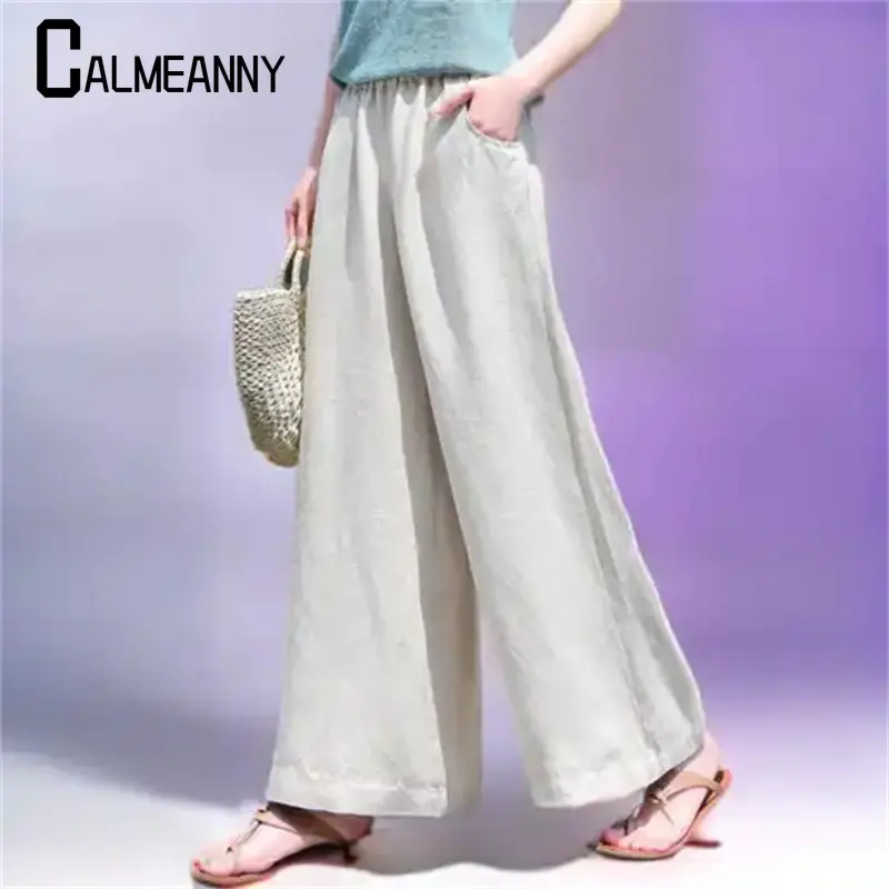 2023 Comfortable Simplicity Vintage Korean Fashion Solid Loose Pants Pockets Casual Spring Summer Elastic Waist Women's Clothing