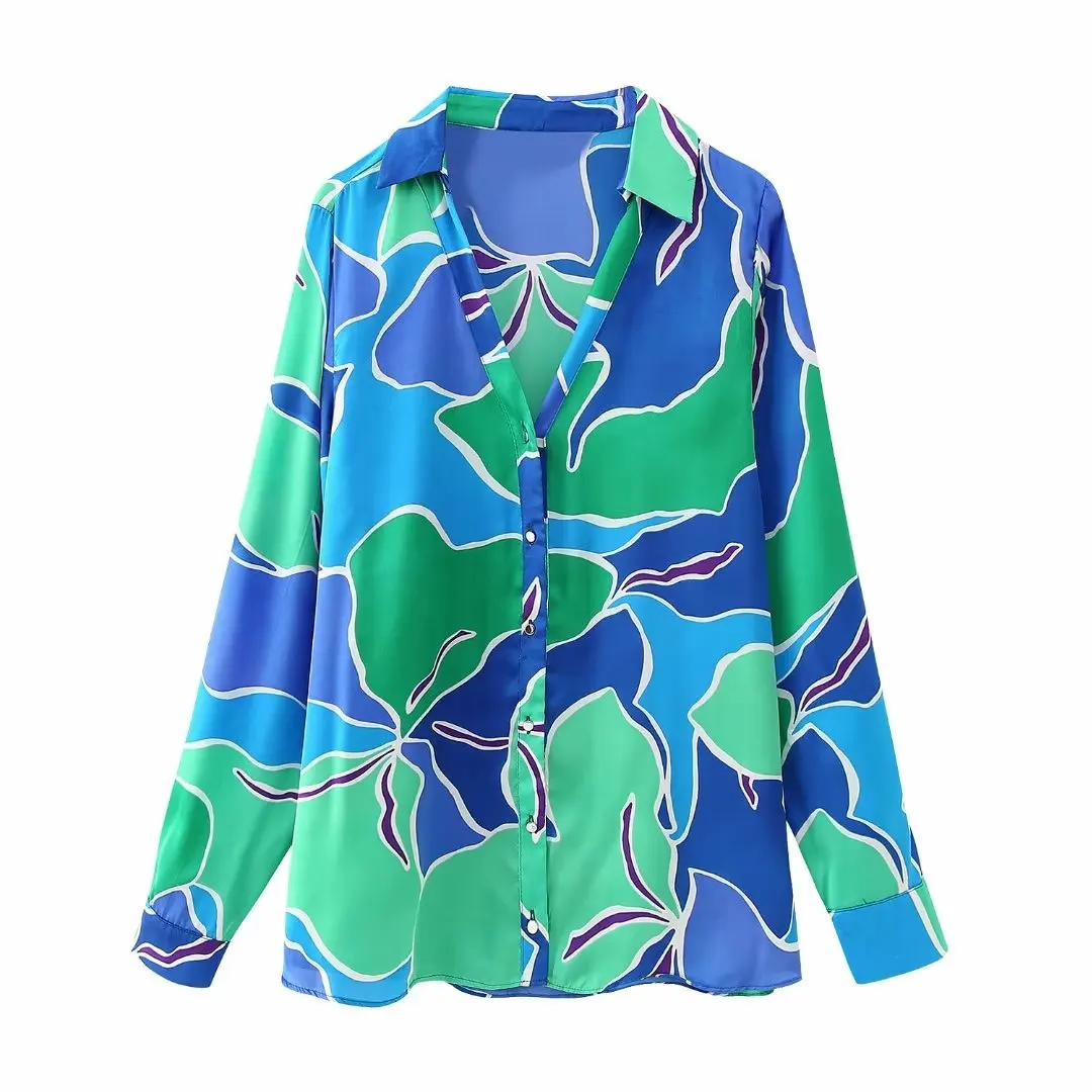 

Women 2023 New Fashion Summer 2 Colors Printing Blouses Vintage Long Sleeve Button-up Female Shirts Chic Tops