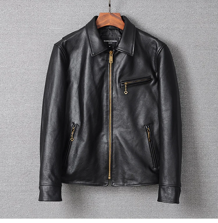 

Skin Genuine Sheep luxury brand real High quality genuine coat.black rider slim cowhide jacket.wholesales cool biker leather clo