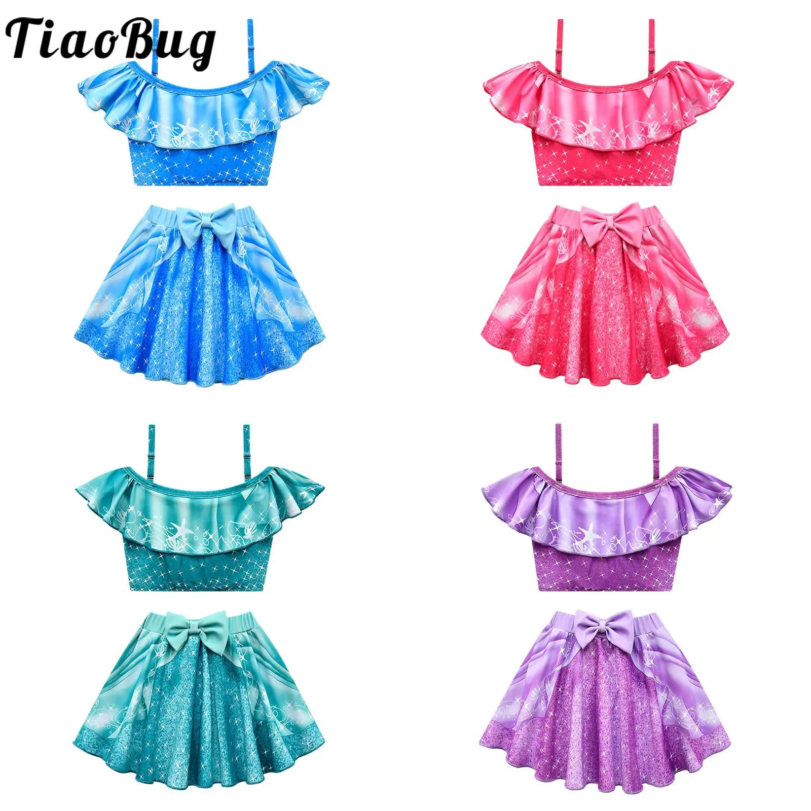

Детский купальник для девочек Tiedye с регулируемыми лямками и оборками, без рукавов, с принтом звезд, 2 шт. топы и юбки с бантом, пляжный купальный костюм