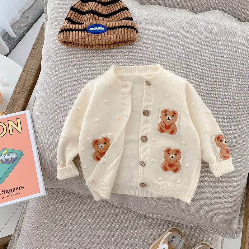 

2022 Autumn Toddler Boy Girl Bear Sweater Long Sleeve Knitwear Cardigan Warm Outwear Children Clothes for 0-6Years