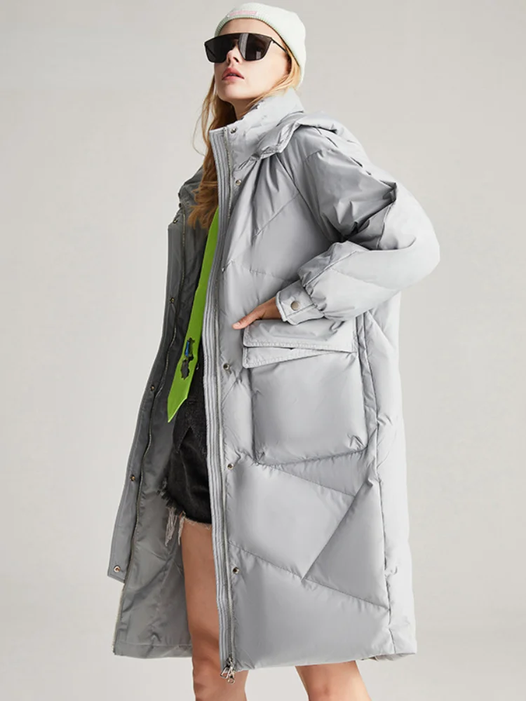 

genuine Luxury brand 2023 X-Long Winter Women 90% White Duck Down Jacket Collar Hooded Coat Loose Warm New Fashion Casual Outerw