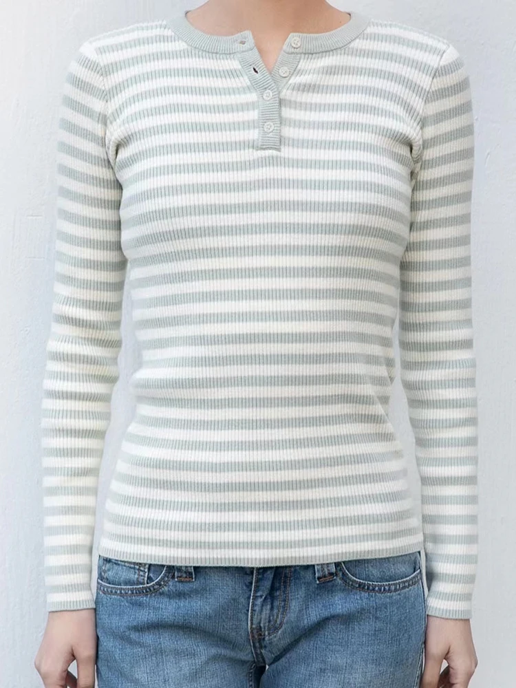 

Casual Striped Slim T-Shirts Women Autumn Y2k Streetwear O Neck Cotton Long Sleeve Y2k Clothes Vintage Chic Knit Button T Shirt