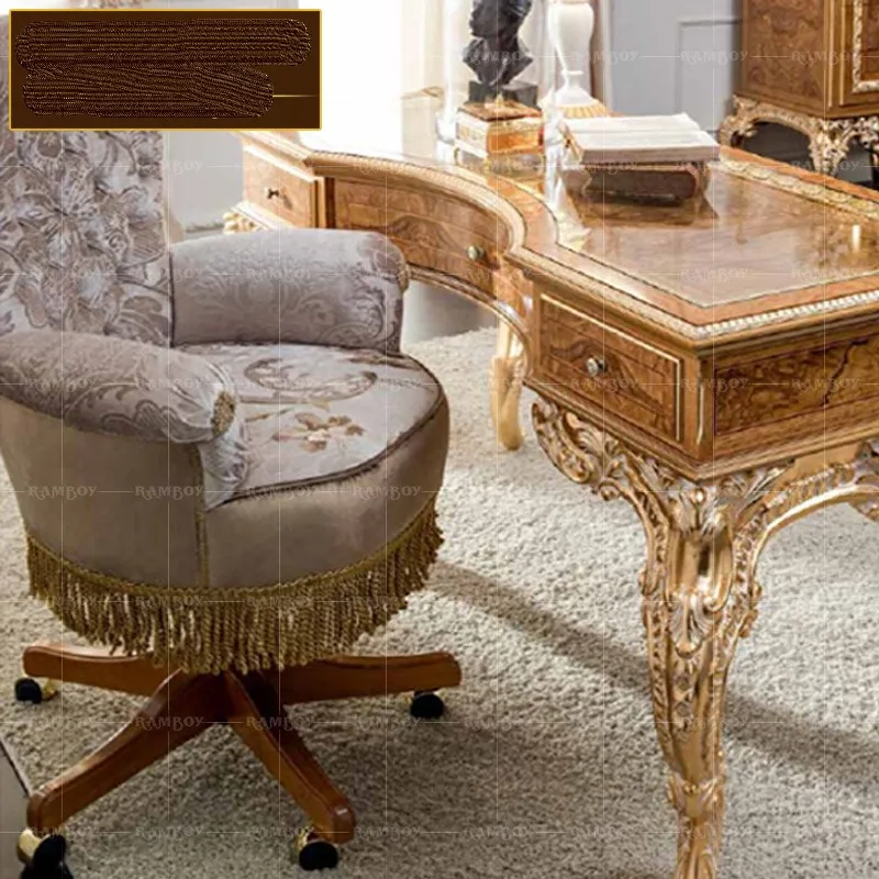 

European-style computer desk luxury Italian gold foil desk solid wood carved home desk study furniture