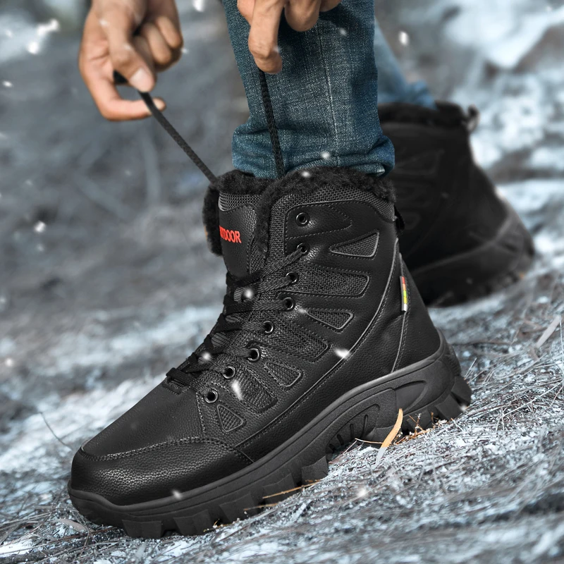 HIKEUP Men Outdoor Hiking Shoes Padded High-top Warm Cotton Shoes Men Tactical Military Snow Boots Genuine Leather Plus Size