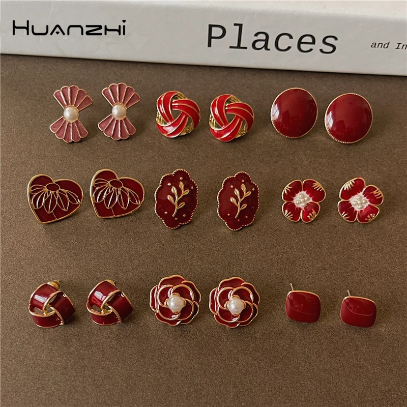 HUANZHI Vintage Red Enamel C Shape Pearl Geometry New Year Gifts Stud Earrings Charm Festival Jewelry French 2023 New for Women