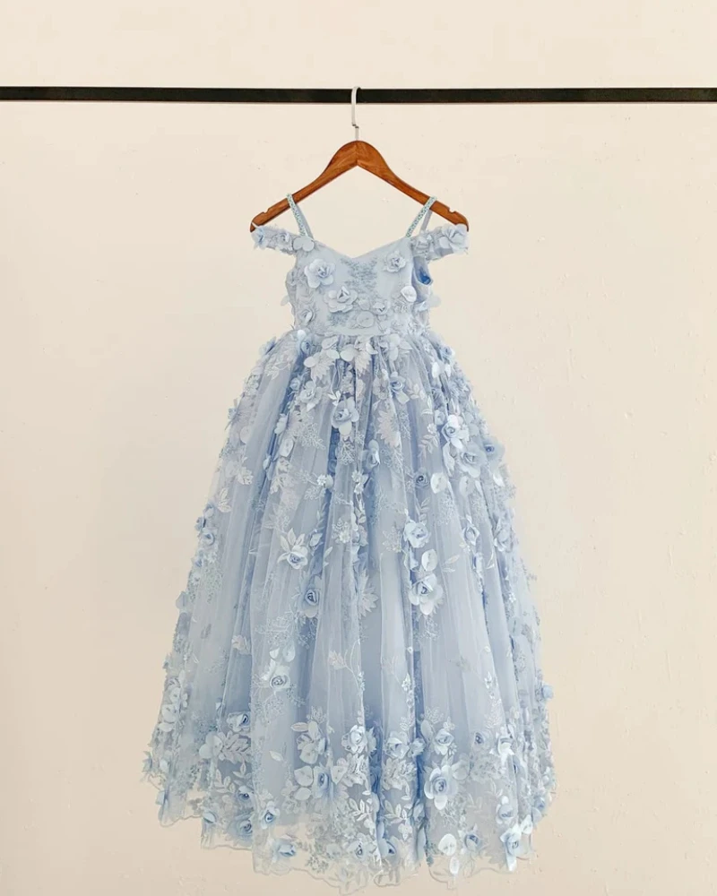 

Princess Blue Girls Pageant Dresses for Photo Shoot Floral Luxury Kids Birthday Prom Party Gown Children Wedding Bridemaid Dress