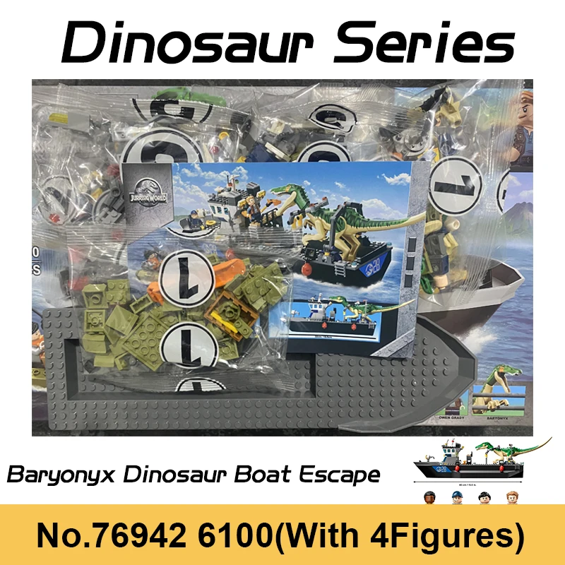 

308pcs Jurassic Baryonyx Dinosaur Boat Escape Building Blocks Compatible 76942 Dino Park Ship Bricks Toys For Boys Kids Gifts