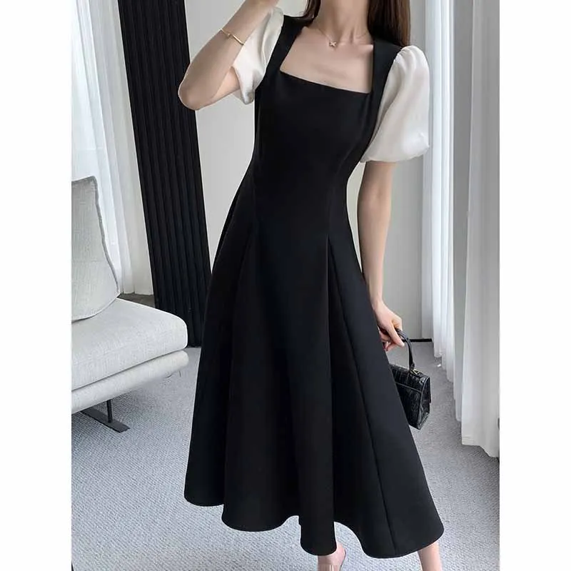 

Black Dress for Women 2022 Summer New French Style Retro Elegant Hepburn Style Square Collar Puff Sleeve Black Dress Trendy