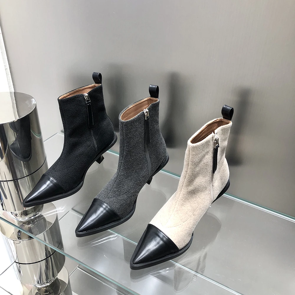 

Fashion Women Ankle Boots Pointed Toe Mixed Color Black/Grey/Beige Side Zipper Chelsea Botas Thin High Heels Ladies WInter Pumps