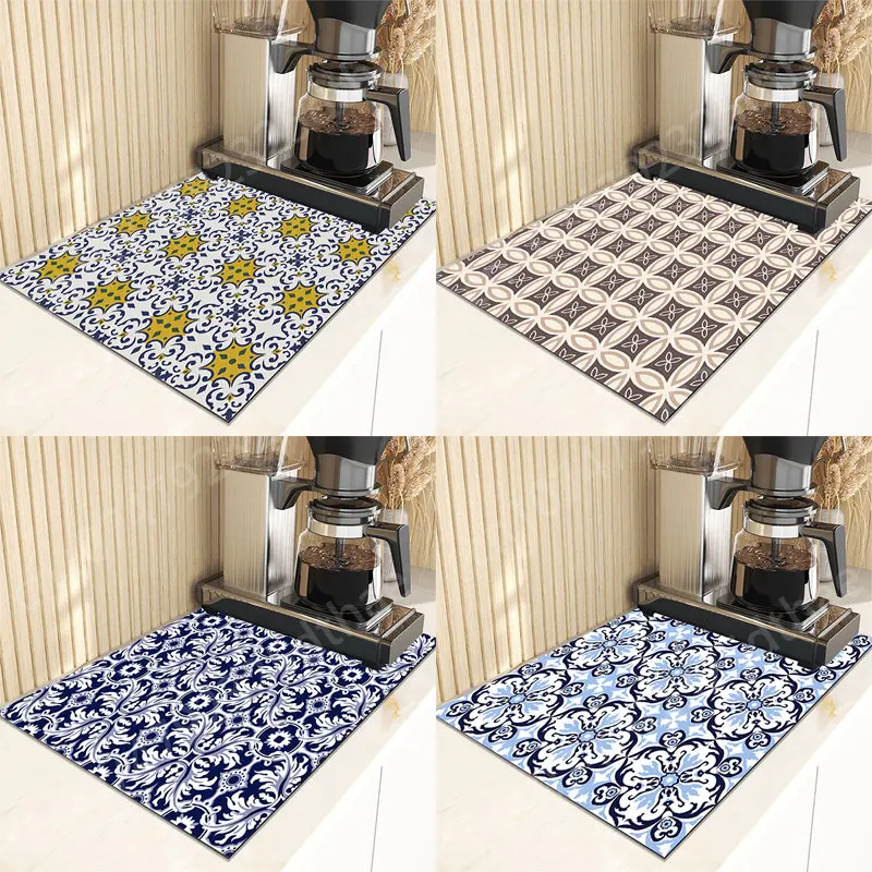 

Geometric Pattern Printing Drain Pad Kitchen Waterproof Dish Drying Mat Super Absorbent Cup Bottle Tableware Dinnerware Placemat