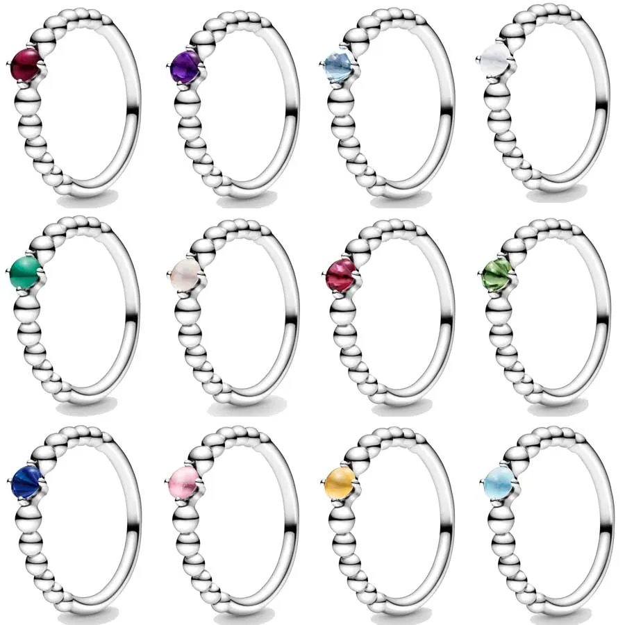 Authentic 925 Sterling Silver Ring Birthstone Beaded With Crystal Rings For Women Lady Birthday Gift Fine DIY Fashion Jewelry