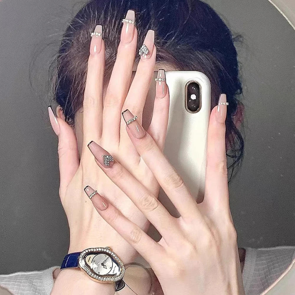 

24pcs Press On Nails Fake Nail Art Tips Acrylic Y2k With Desig Glue False Full Cover Long Coffin Supplies French Sticker Wd