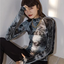 CHEERART Tie Dye Grey Black Turtleneck Woman Tshirts Bodycon Long Sleeve Top Women 2020 Fall Fashion Tee Shirt Femme Clothing