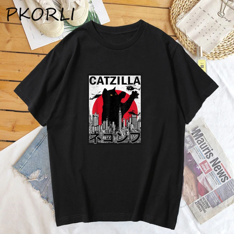 

Japanese Catzilla Cat Kitten T Shirt Women Men Funny Kawaii Graphic T Shirts Casual Tees Short Sleeve Cotton Summer Tops