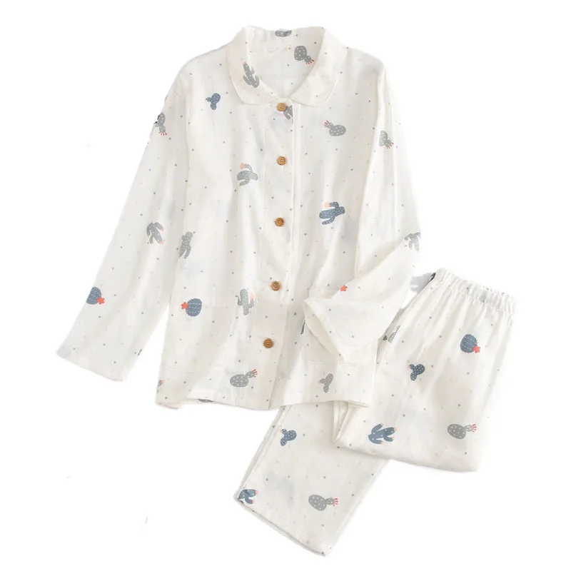 

Хлопковая Домашняя одежда на весну и лето, брюки с длинным рукавом и принтом кактуса, Женская пижама, Женская домашняя одежда