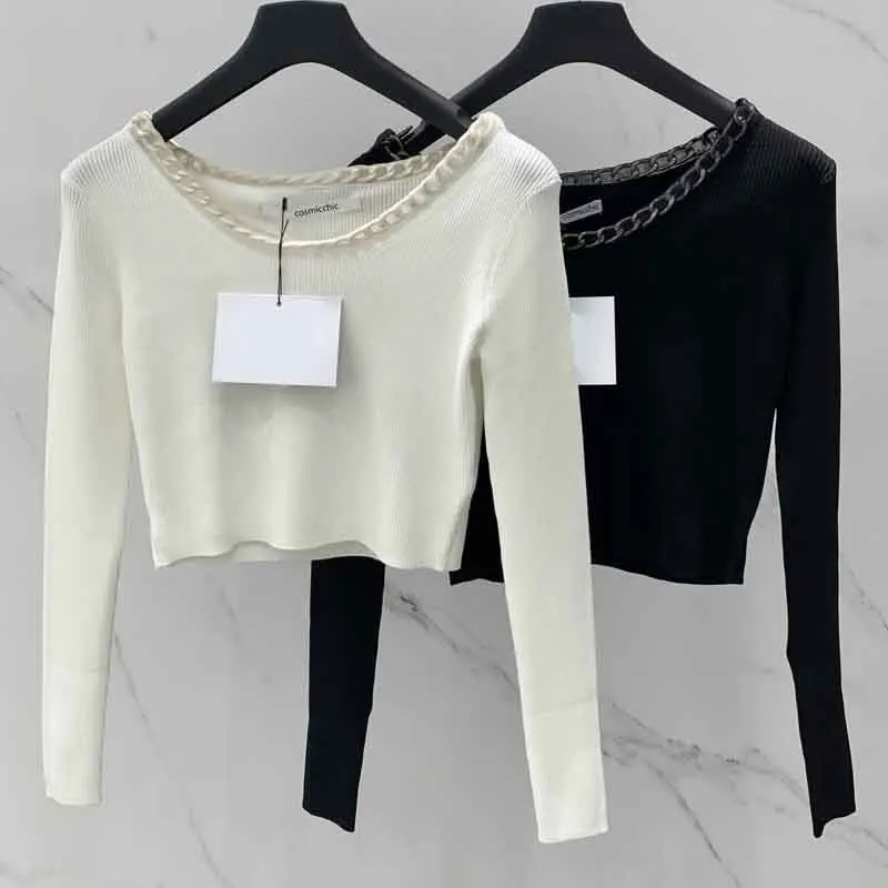 

Женский трикотажный свитер с цепочкой, черный и белый свитер с открытыми плечами и длинным рукавом, с круглым вырезом, осень 22