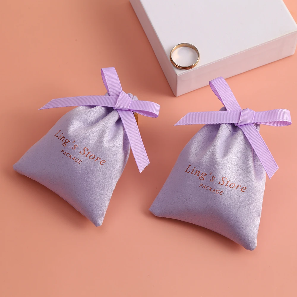 100 Personalized Purple Velvet Jewelry Bag with Ribbon Gift Pouches for Wedding Candy Packing Christmas Decoration Custom Logo
