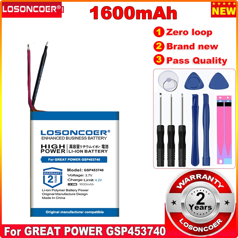 

LOSONCOER 1600mAh 0 Cycle 100% New GSP453740 Battery For GREAT POWER GSP453740 rechargeable Li-polymer Inbuilt Bateria