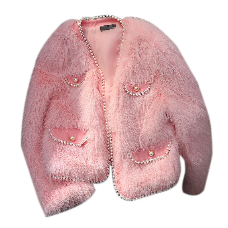 Winter Clothes Women Young Pearls Fur Fluffy Jacket 2022 New Classic Style Women's Fashion Heavy Pink Beads Furry Short Coat