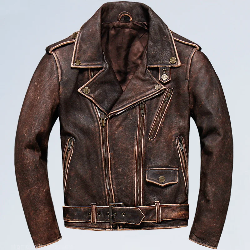 

Мужская Байкерская кожаная куртка, коричневая винтажная мотоциклетная куртка из натуральной воловьей кожи, размеры до 5XL, Бесплатная доставка DHL