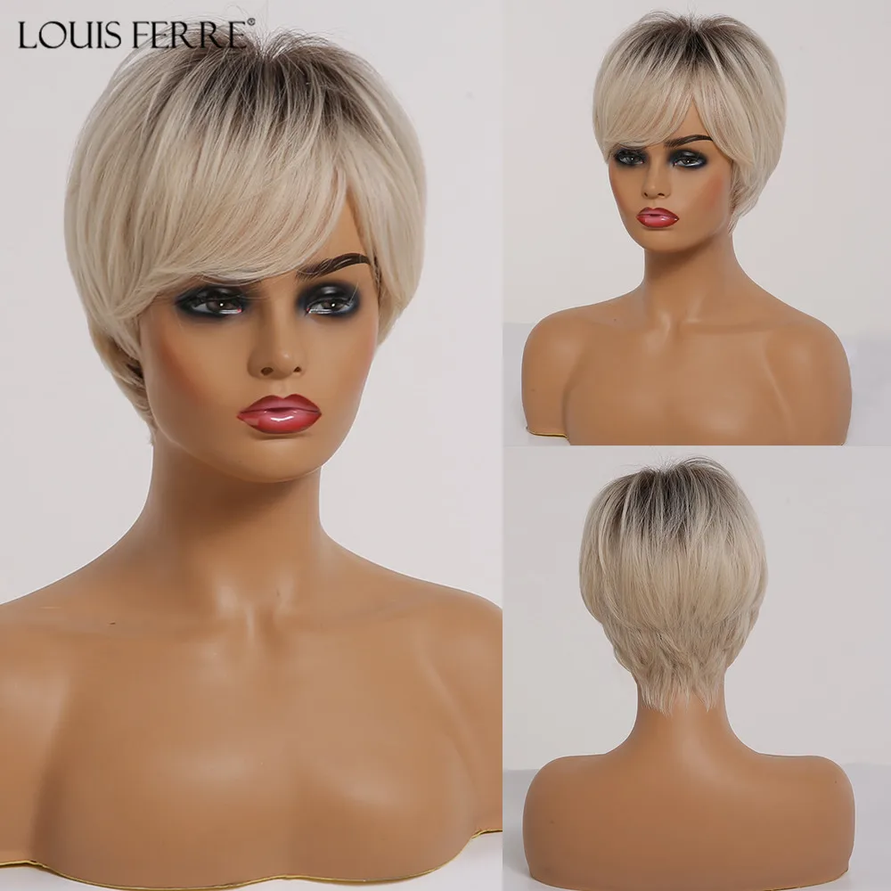 LOUIS FERRE-peluca sintética con flequillo para mujer afroamericana, cabellera sintética con flequillo, color rubio claro, negro, ombré, alta temperatura