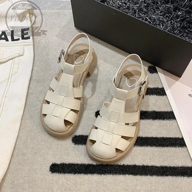 2022 NEW Sandals Women Leather Woven Roman Flats Cover Toe Buckle Strap Summer Beach LadiesShoes Woman   
