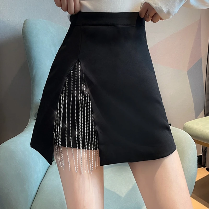 

Spring New Sexy Split Bling Diamond Chain Tassel Lady Mini Skirt Women A Line Bottom Irregular Shorts Skirts