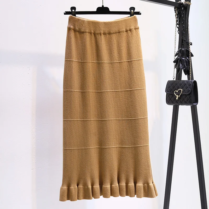 

Женская трикотажная юбка-годе, Однотонная юбка с высокой талией и оборками, на осень и зиму