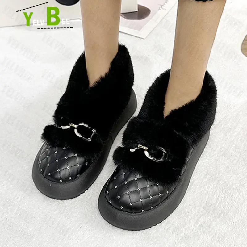 

Winter Chain Bling Plush Warm Goth Women Shoes Ankle Platform Flats Gladiator Thick New 2022 Chelsea Boots Chaussures Femme