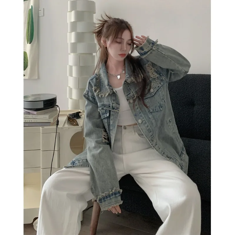 Женская короткая куртка с потертостями свободная винтажная в американском стиле