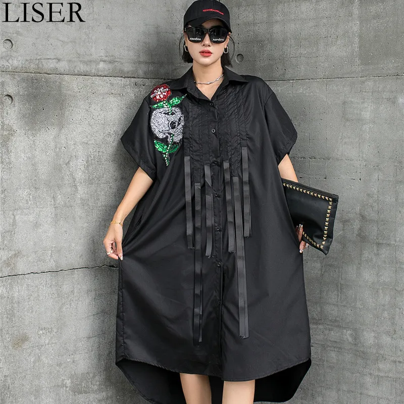 

2022 New Women'S Shirt Dress Summer Lapel Short-Sleeved Plus Size Dress Stitching Sequins Tassel Casual Dress Black LL1230