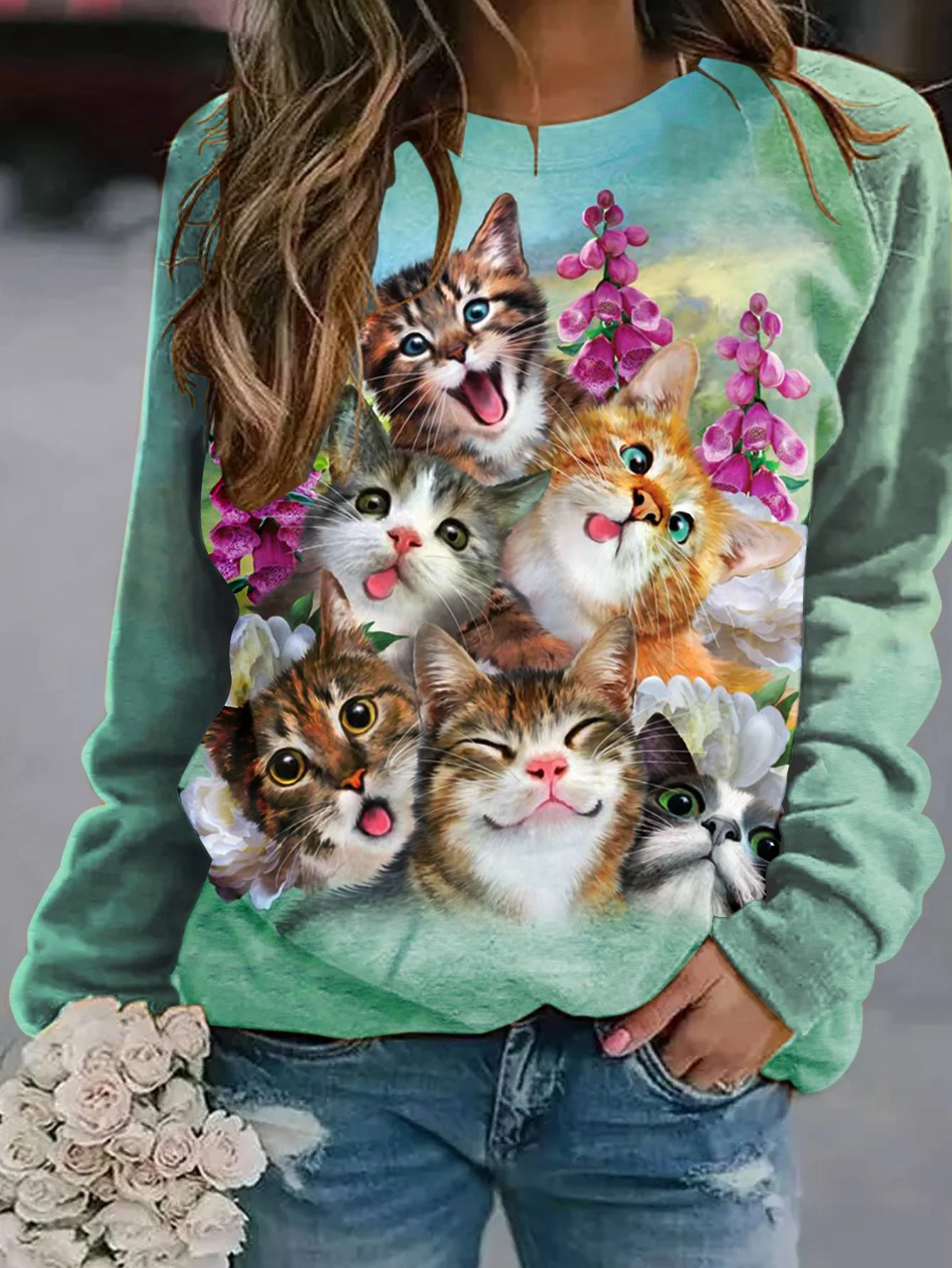 

New Kawaii Cute Animal Cat Floral 3d Print Ladies Long Sleeve Hoodie Street Sweatshirt Pullover Super Oversized Girls Sportswear