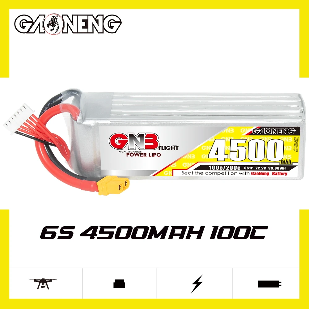 

Литий-полимерный аккумулятор Gaoneng GNB 6S1P 4500 мАч 22,2 в 10C/200C с разъемом XT60 XT90 EC5 для беспилотных летательных аппаратов FPV