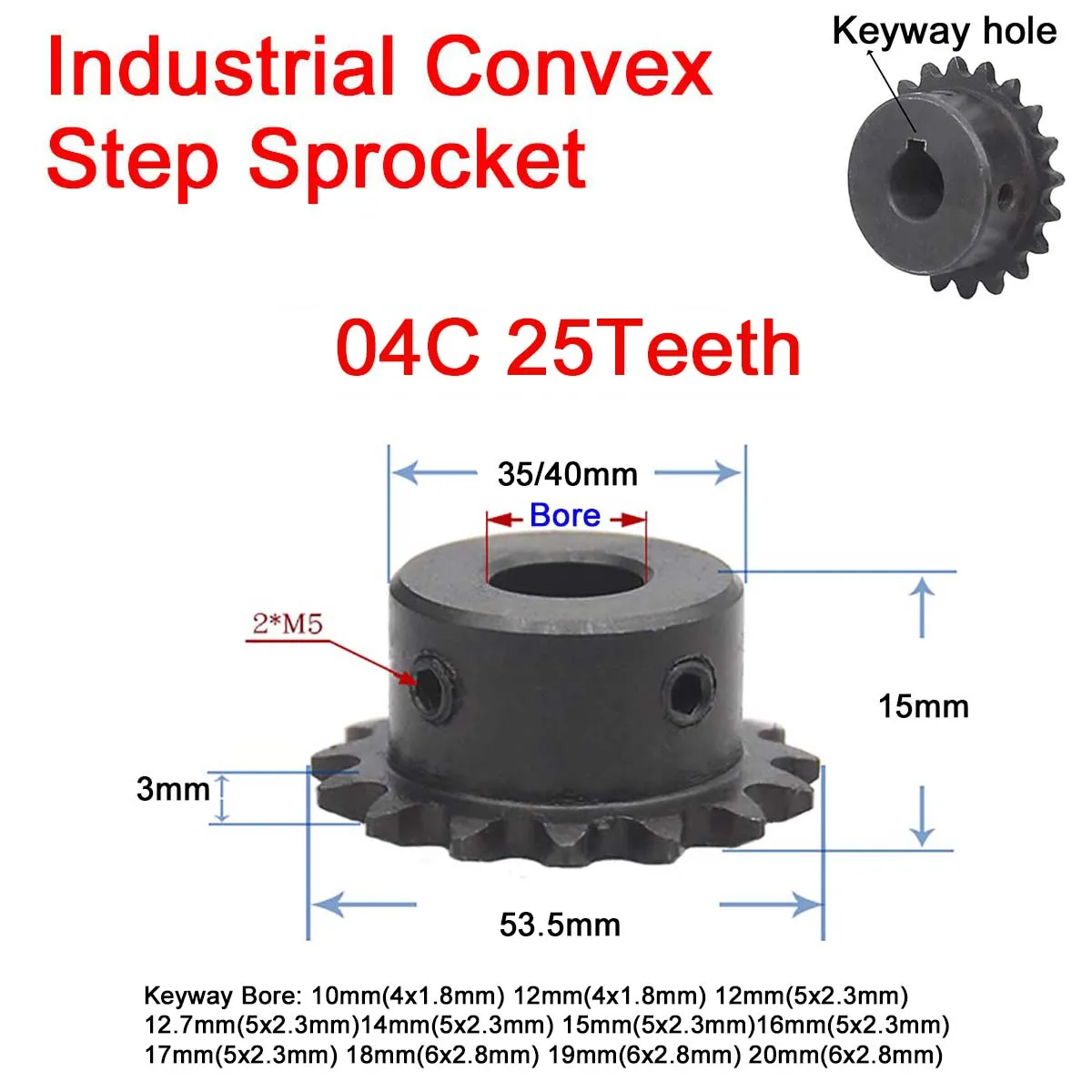 

1Pc 04C Chain Gear 25Teeth Industrial Keyway Sprocket Wheel Bore 10/12/12.7/14/15/16/17/18/19/20mm Top Wire M5 04C-1 25H-1 Chain