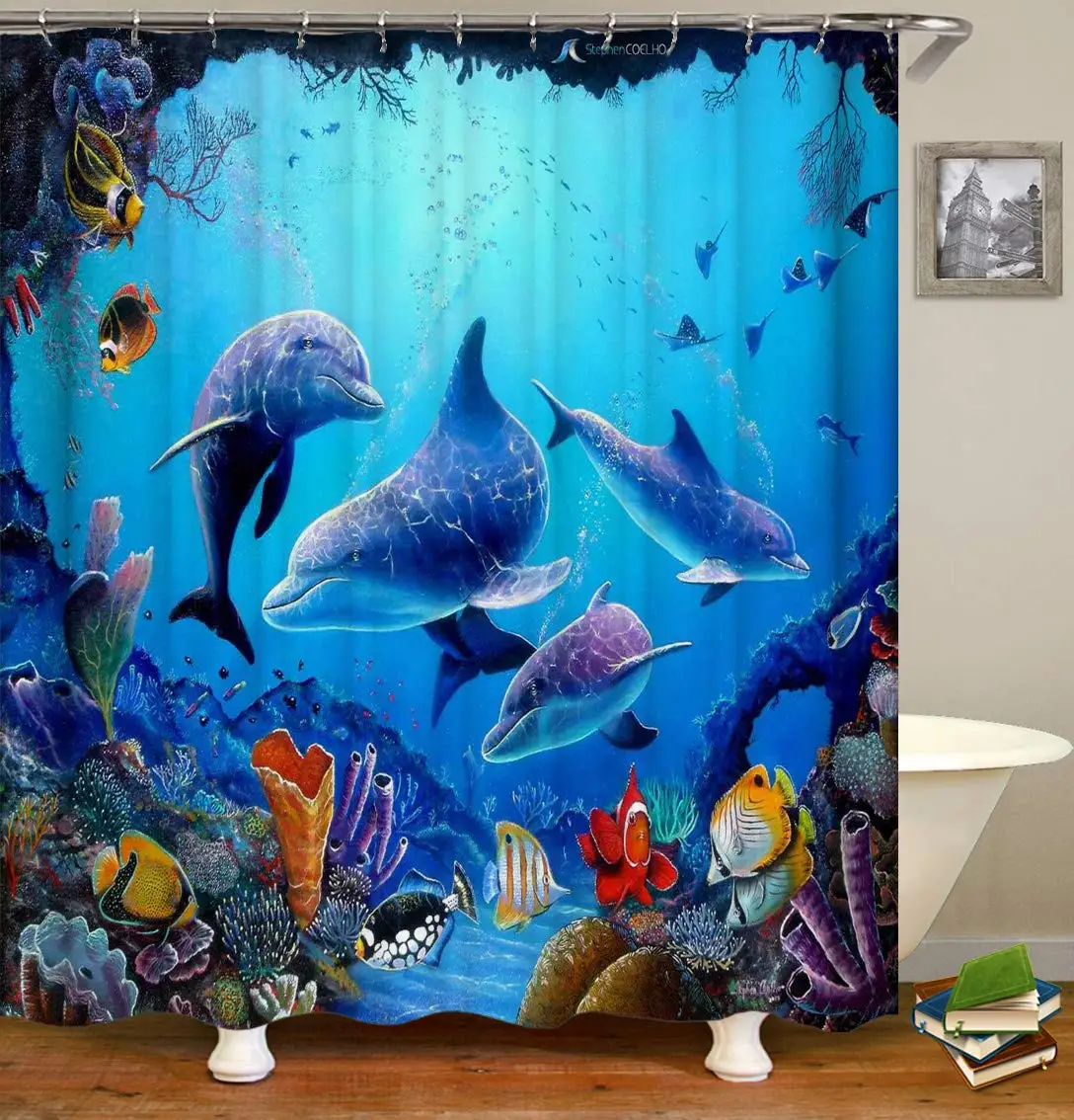 

Dolphin Shower Curtain, Blue Underwater World Marine Life,Polyester Fabric Kids Ocean Theme Bathroom Decor Set with 12 Hooks