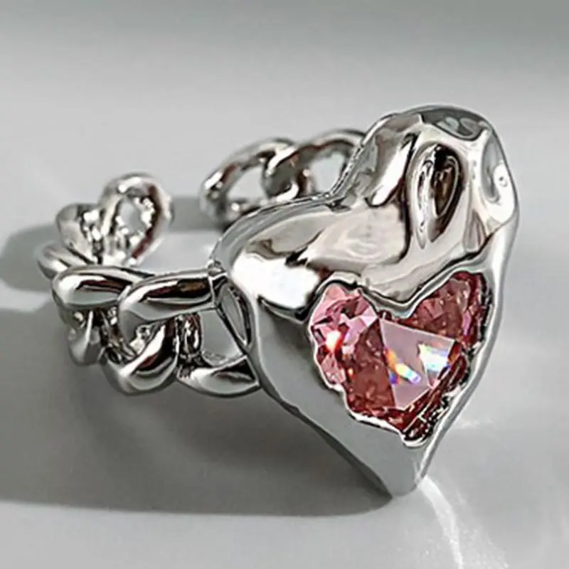 

Heart Ring Pink Crystal Adjustable Ring With Chain Fashion Engagement Wedding Jewelry for Women 2022 New