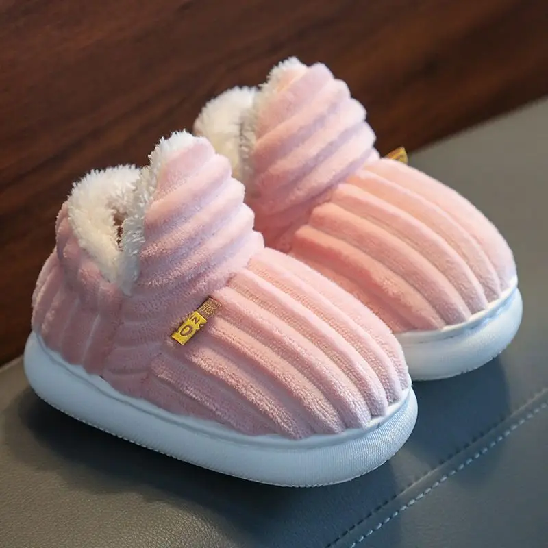 Winter Boys Girls Cotton Slippers Wrap Heel Warm Plush Home Slippers Kids Soft Sole Comfortable Indoor Furry Shoes Baby Boots